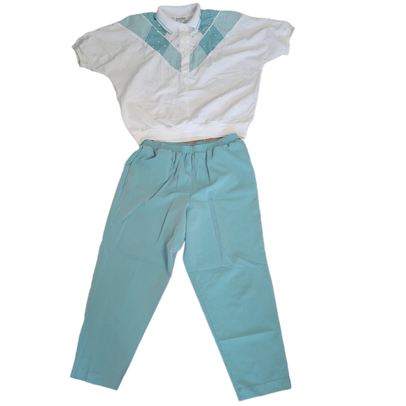 Vintage 80's green and white 2 piece summer outfit size large - Picture 1 of 12